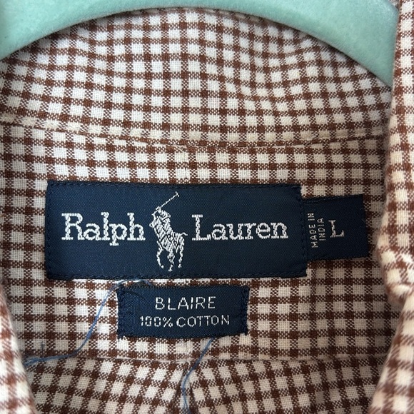 Ralph Lauren Blaire 100% Cotton Gingham Brown White Button Down Shirt size L - Picture 3 of 9
